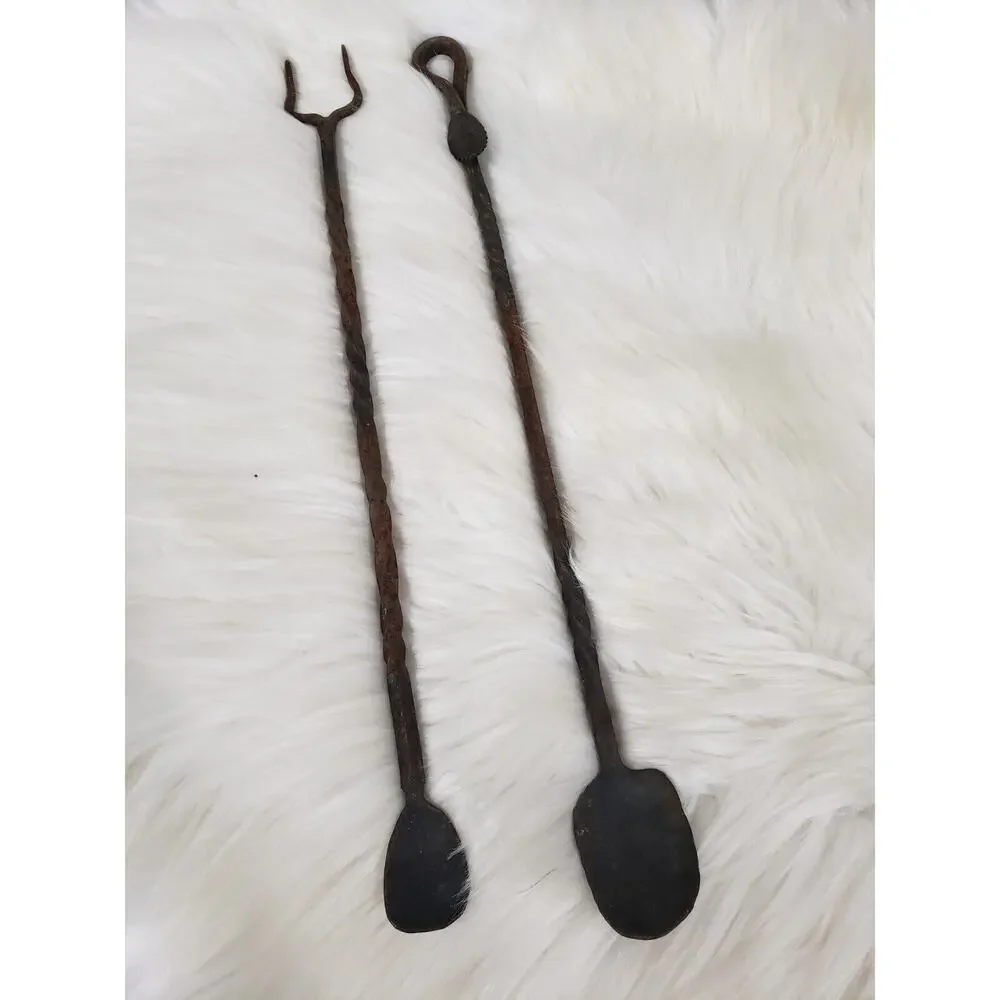 Antique Wrought Iron Twisted‎ Stem with Leaf Handle Serving Spoon Fork Primitive
